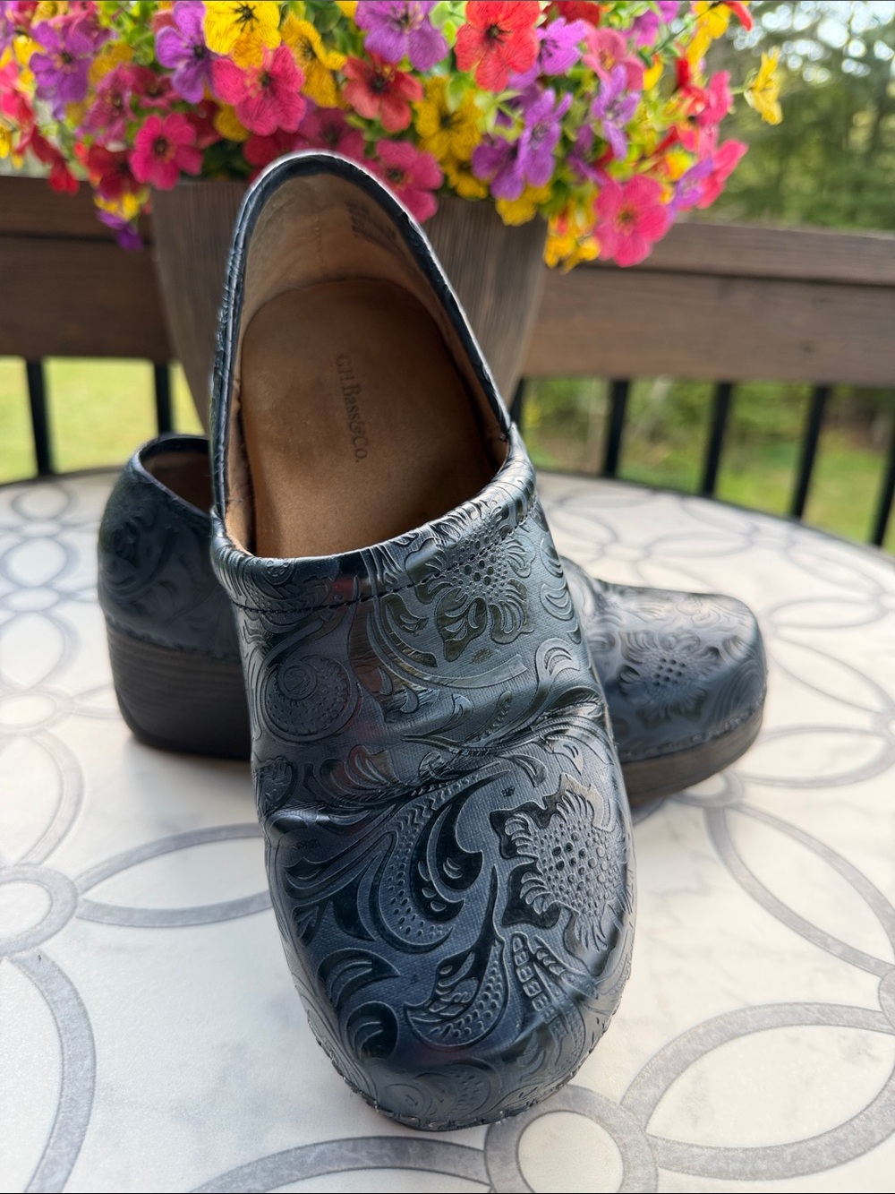 G.H. Bass & Co. Navy Blue Embossed Floral Leather Clogs